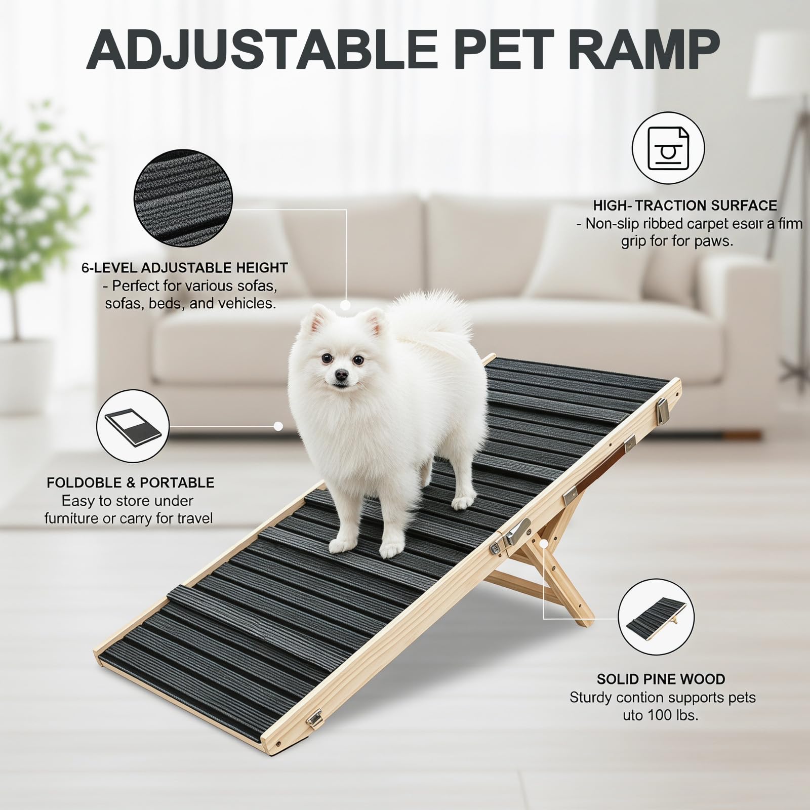 Hunderampe aus Holz, Hunderampe Auto Klappbar mit Nahtloser Verbindung zur Plattform, Klappbar Rampe für Kleine Hunde Katzen, Einstellbar Hunderampe für Sofa, Bett, Auto-bis zu 50kg (M)