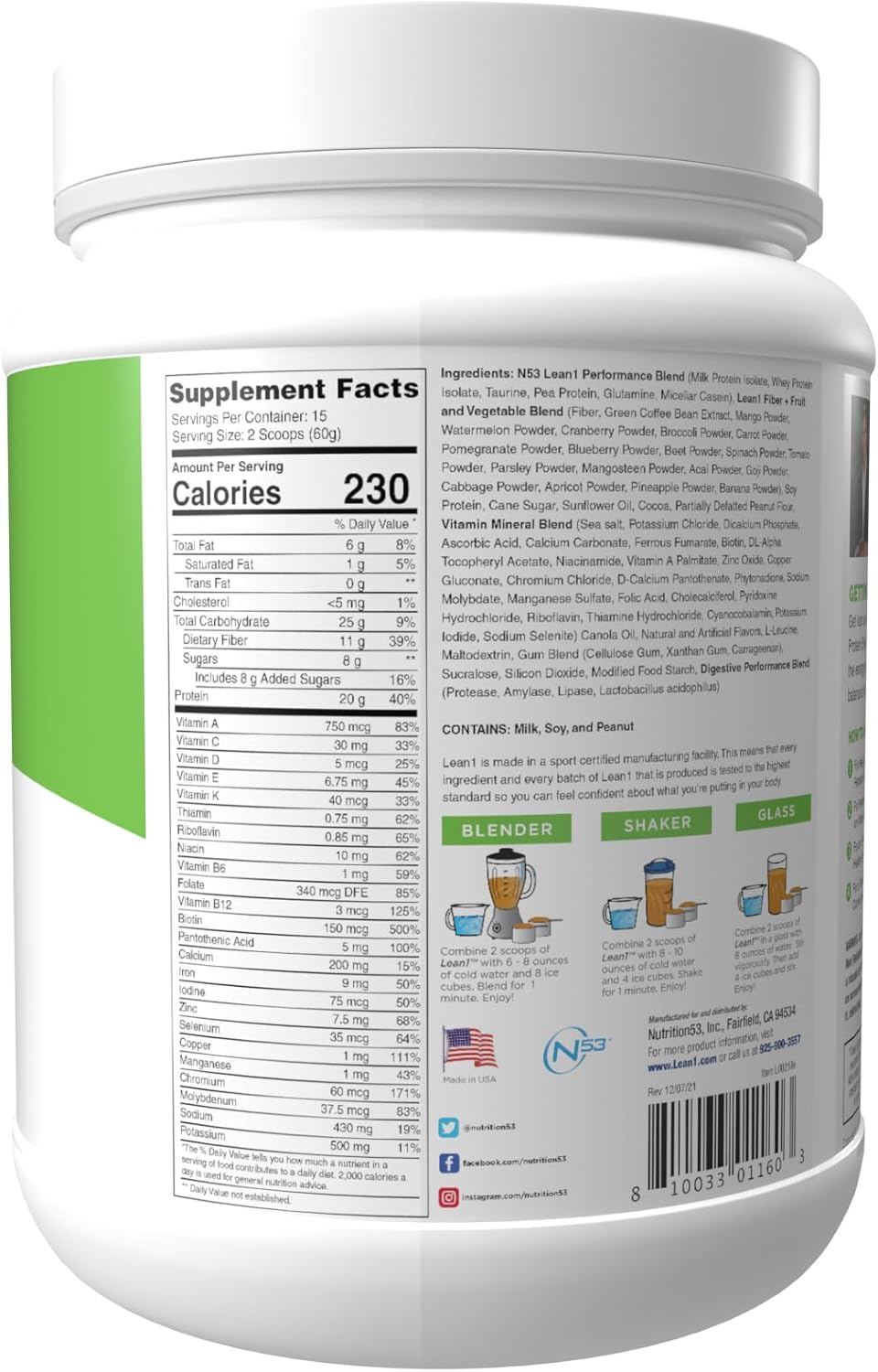 Lean1 Meal Replacement Protein Powder, Chocolate Peanut Butter Flavor, 15-Serving Tub.