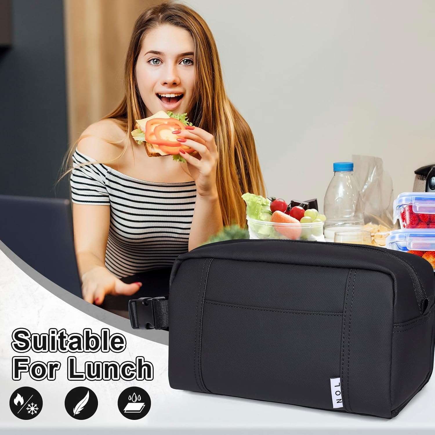 NOL Natural Organic Lifestyle Freezable Snack Bag, Leakproof Cooler Lunch Bag, Reusable, Zip Closure with Buckle Handle Nylon Waterproof Snack Box for Work Travel-Black - Image 7