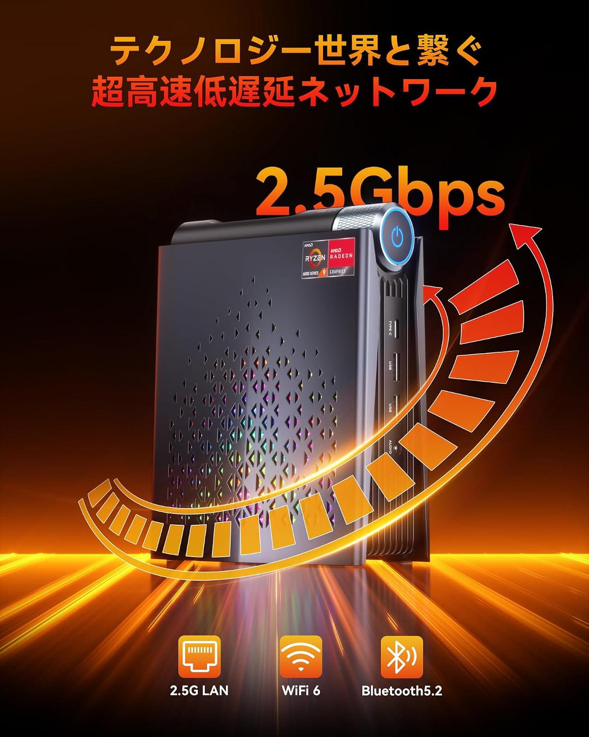 ACEMAGIC S3A Mini PC highlighting 2.5G LAN, Wi-Fi 6, and Bluetooth 5.2 connectivity