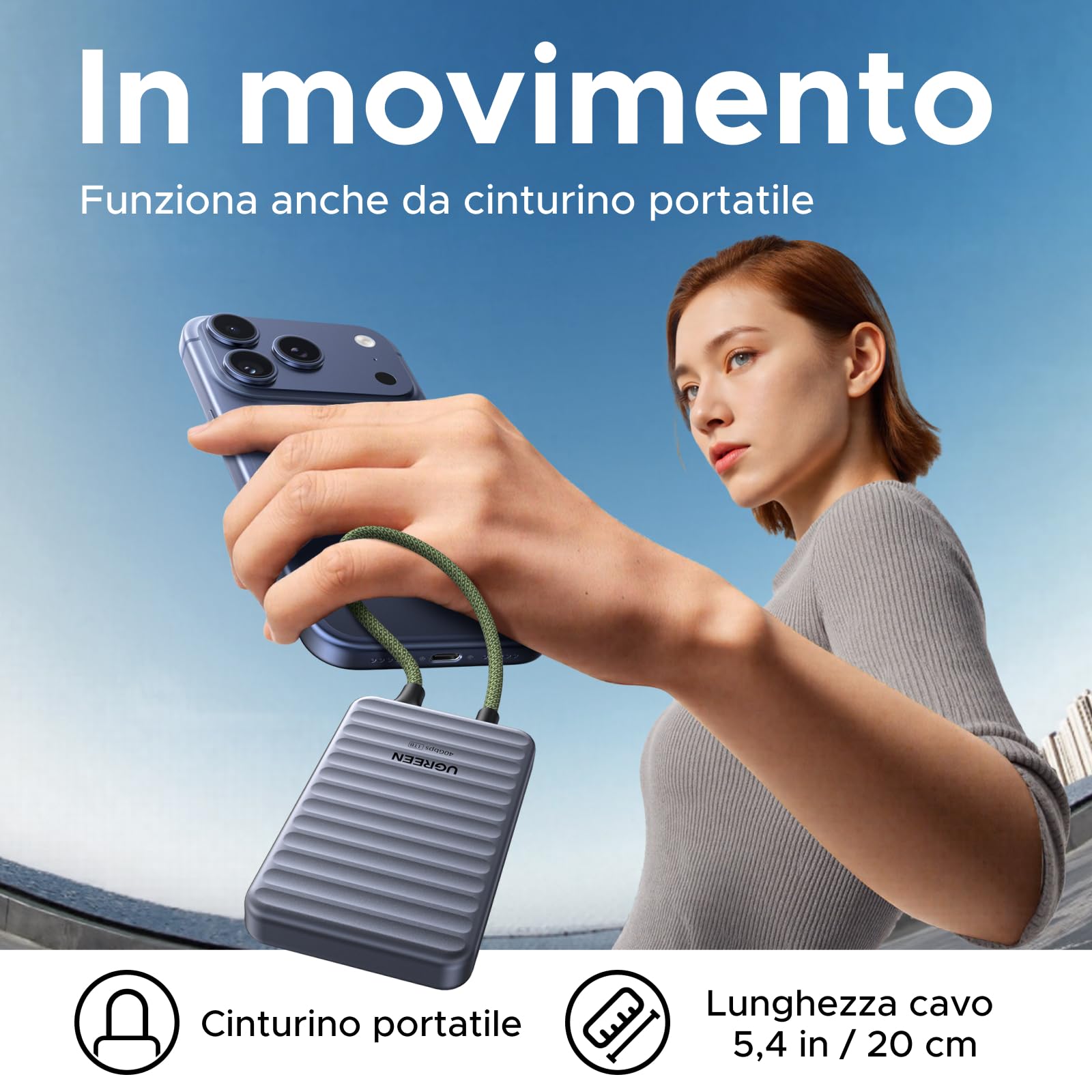 UGREEN NeoDrive Go SSD Portatile 1TB Fino a 4.000 MB/s SSD Esterno USB4 | con Cavo Integrato Compatibile con PC Windows MacOS Linux e Dispositivi Mobili iOS iPadOS Android