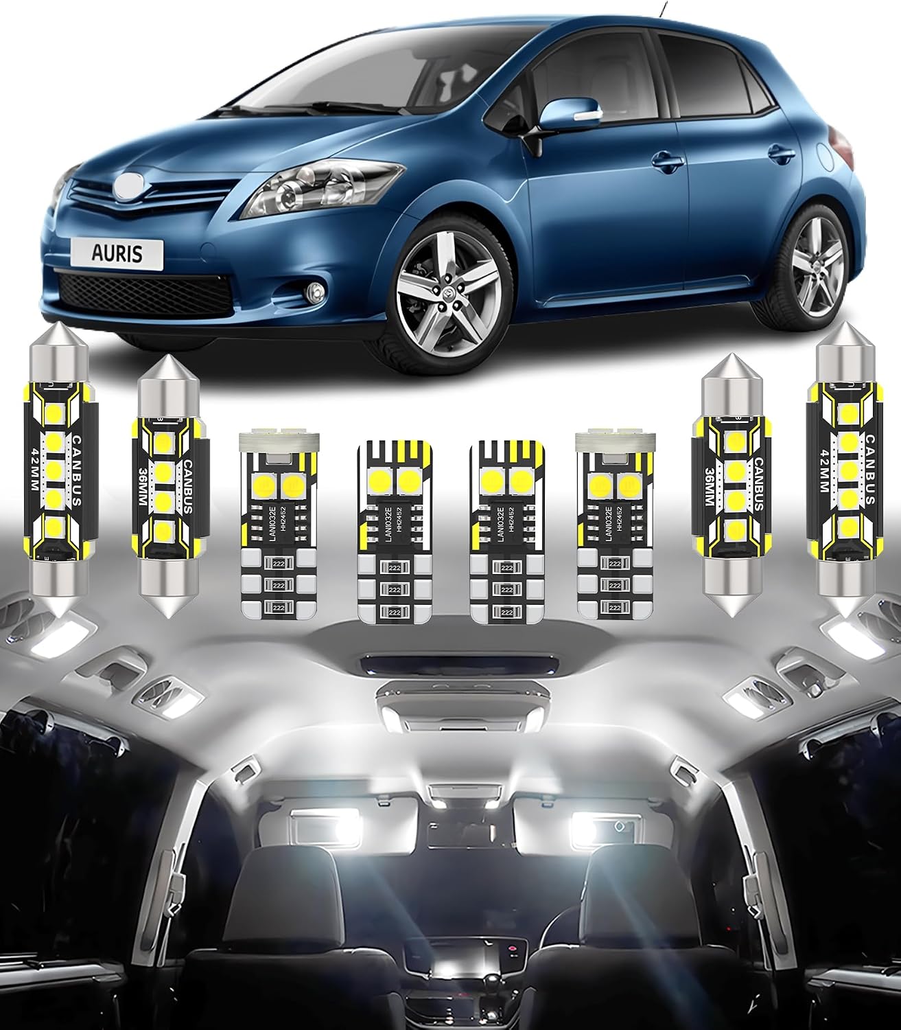 BMT xms 8pcs Toyota Auris E150 Hatchback 2007-2012 LED Interior Lighting Kit 6000K White