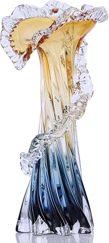 Amber Blue Glass Vase for Flowers, 11.8 Inch Art Glass Vase, Coastal Decor | Hand Blown Glass Vase with Ocean Sunset Color, Art Glass Centerpiece for Living Room, Coffee Table, Entryway and Office Decor