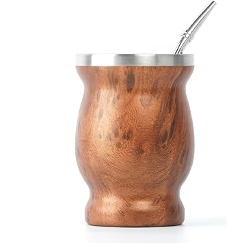 BALIBETOV Mate Cup And Bombilla Set - Yerba Mate set Includes One Yerba Mate Cup, Two Bombilla Mate Straw and Brush - Stainless Steel Double-Wall | Easy to Clean Yerba Mate Gourd Wood