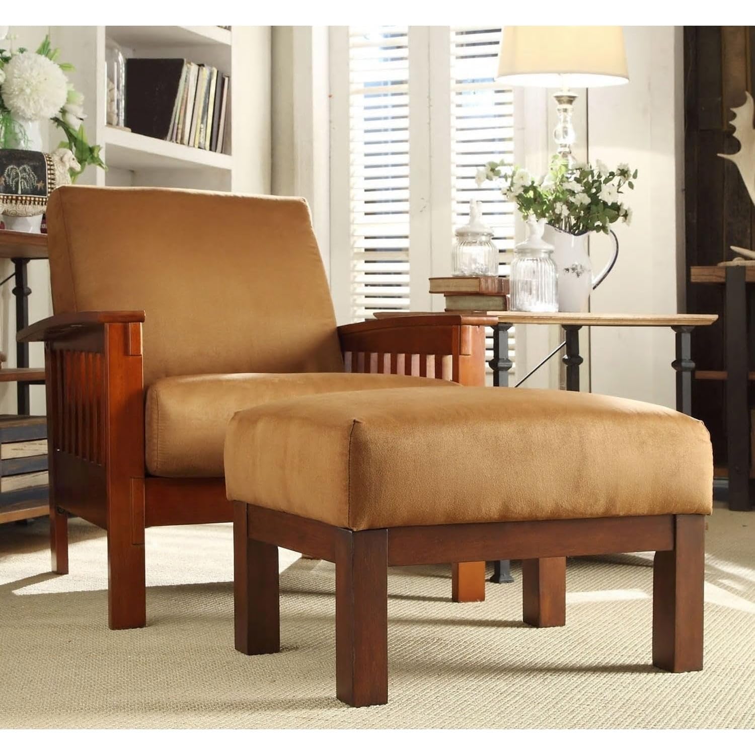 Inspire Q Hills Mission-Style Oak Chair and Ottoman by Classic Rust Oak Finish Oak,Microfiber Microfiber