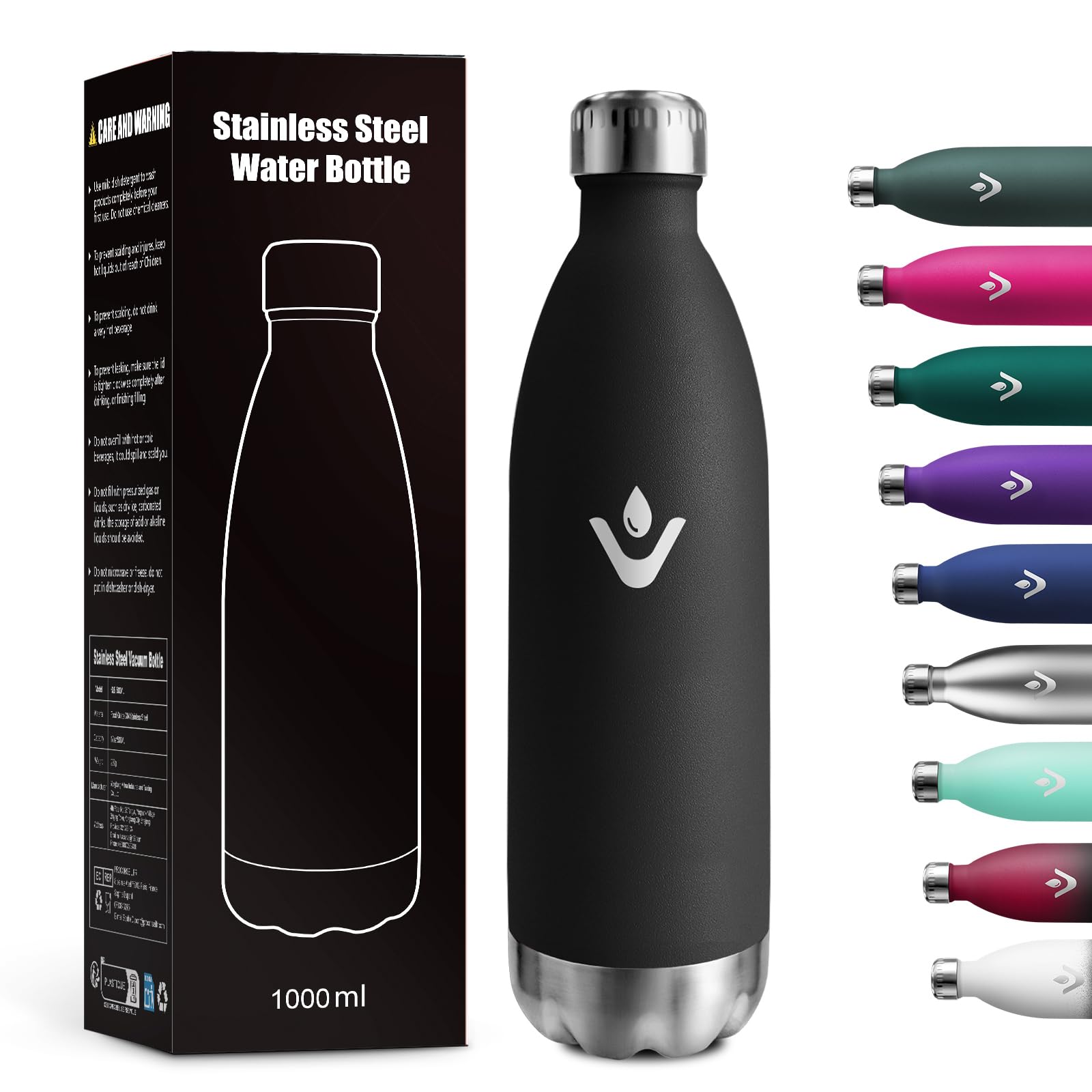 Thermosflasche 1L, Auslaufsicher Doppelwandig Thermoskanne, Vakuum Thermosflasche, Kohlensäure Geeignet, Trinkflasche BPA-Frei, Wasserflaschefür Fitness, Laufen, Büro, Kinder, Erwachsene, Sprudel