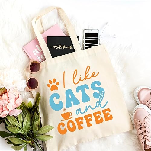 Miniatura 4 de TSIIUO Bolsa de lona con texto en inglés "I Like Cats and Coffee" para mujer, con bonito gráfico, regalo para amantes de las mascotas, divertida
