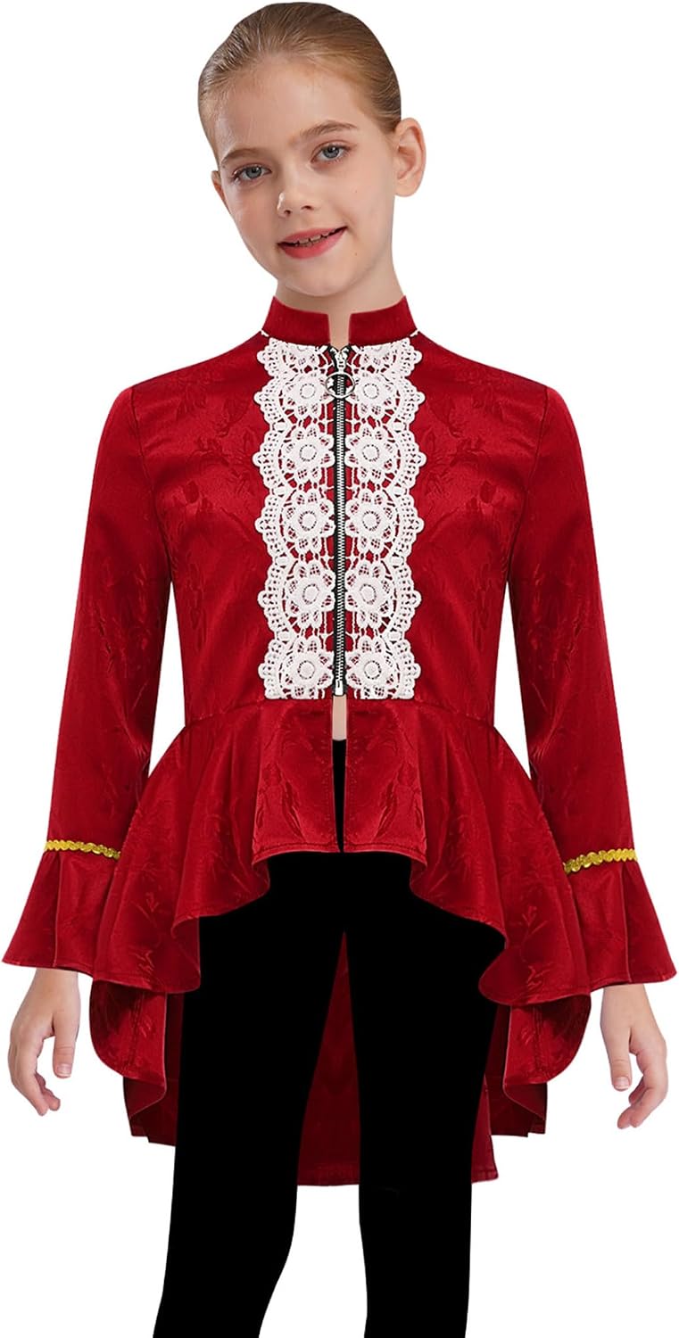Kids Girls Medieval Vintage Gothic Victorian Long Sleeve Lace Flounce Jacket Formal Wear for Period Drama