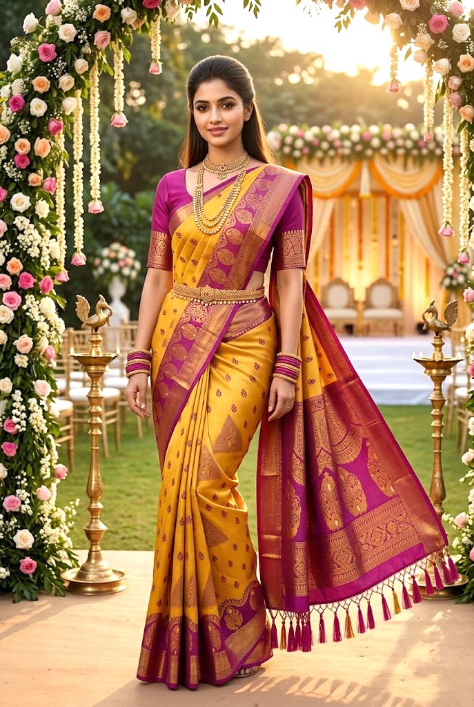 SREE KUMARAN Women's Kanchipuram Kubera Silk Pure Pattu Sarees – Break Border With Blouse (VSK434-8)