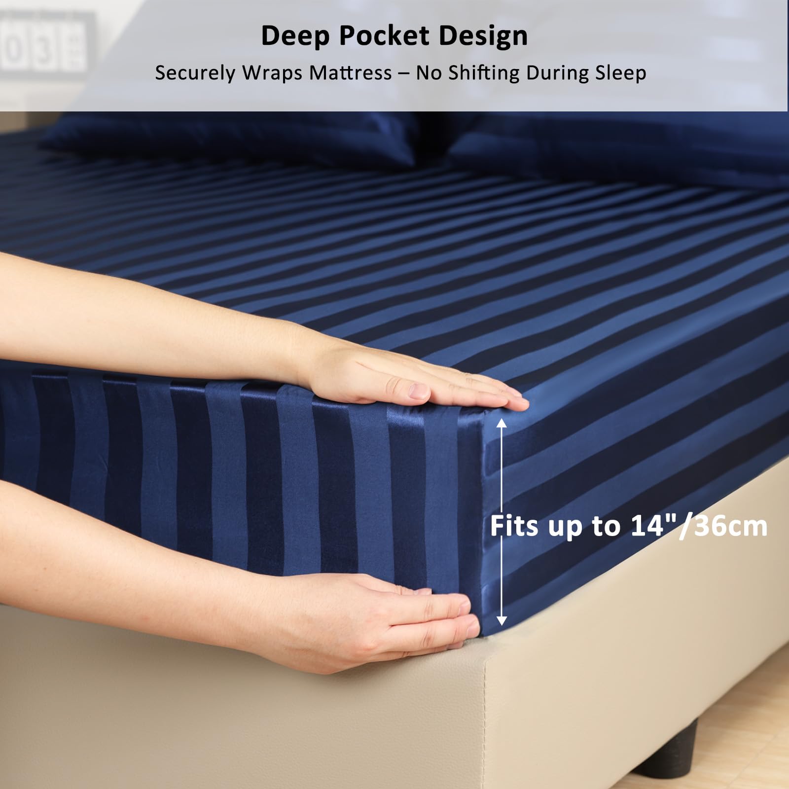 Lirex Satin Fitted Sheet, Silky & Soft Polyester Satin Weave Bed Sheets, 36 cm Deep Pocket with Elastic Corner Straps, King - Image 3