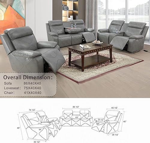 Miniatura 6 de GEBADOL Juego de sofá reclinable eléctrico con luces LED juego de muebles de piel de aire con puerto USB consola de almacenamiento portavasos de