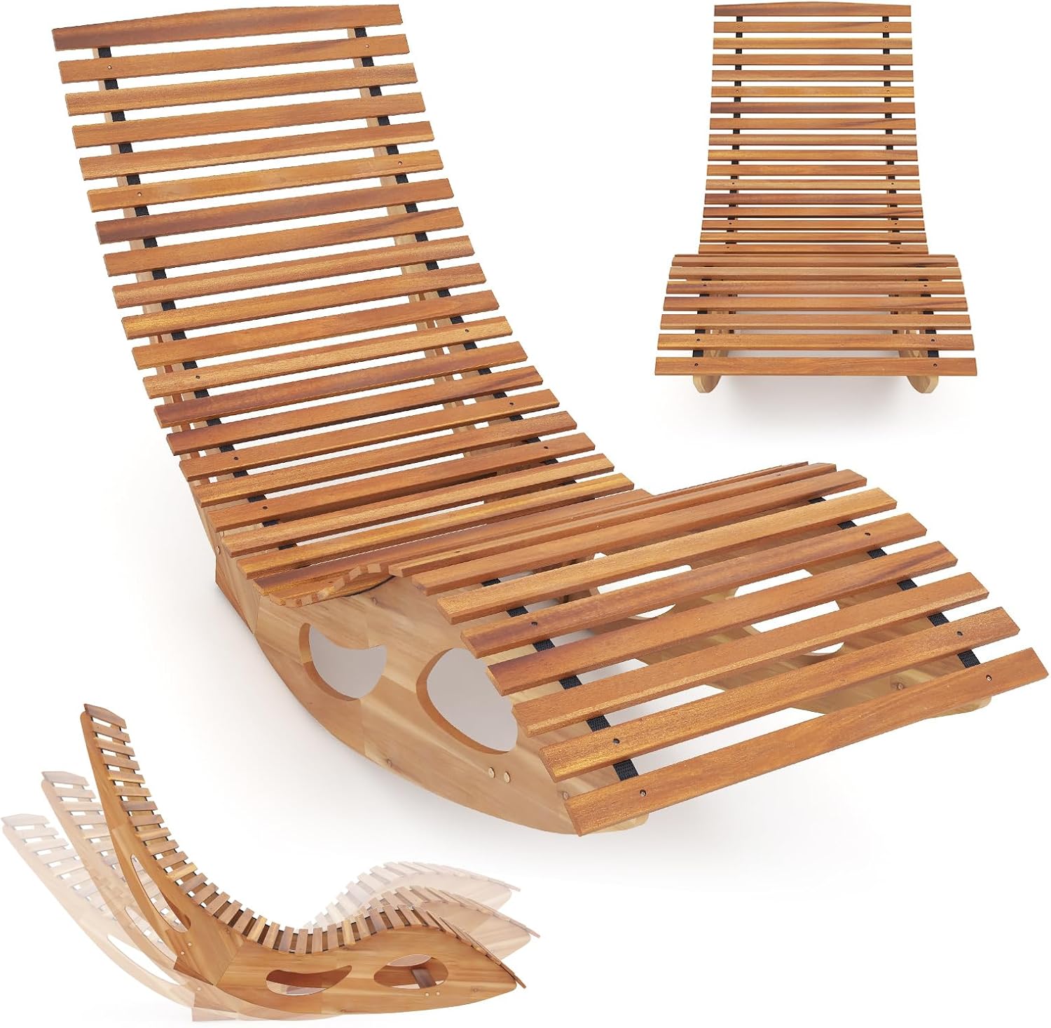 HAPPYGRILL Outdoor Acacia Wood Chaise Lounge, Rocking Chair with High Back, Slatted Seat, Stopper, Outside Wood Rocker, 350 Lbs Capacity Sun Lounger