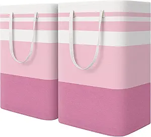 HomeHacks 2 Pack Large Laundry Baskets, Waterproof, Freestanding Laundry Hampers, Collapsible Clothes Hamper with Reinforced Handles in Laundry, College Dorm, Bathroom, Bedroom (Pink, 75Lx2)