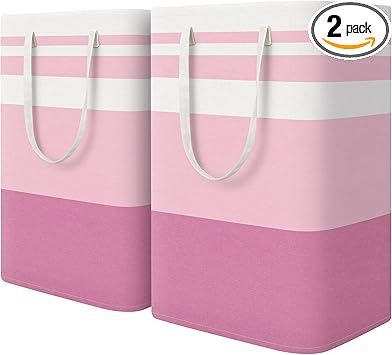 HomeHacks 2 Pack Large Laundry Baskets, Waterproof, Freestanding Laundry Hampers, Collapsible Clothes Hamper with Reinforced Handles in Laundry, College Dorm, Bathroom, Bedroom (Pink, 75Lx2)