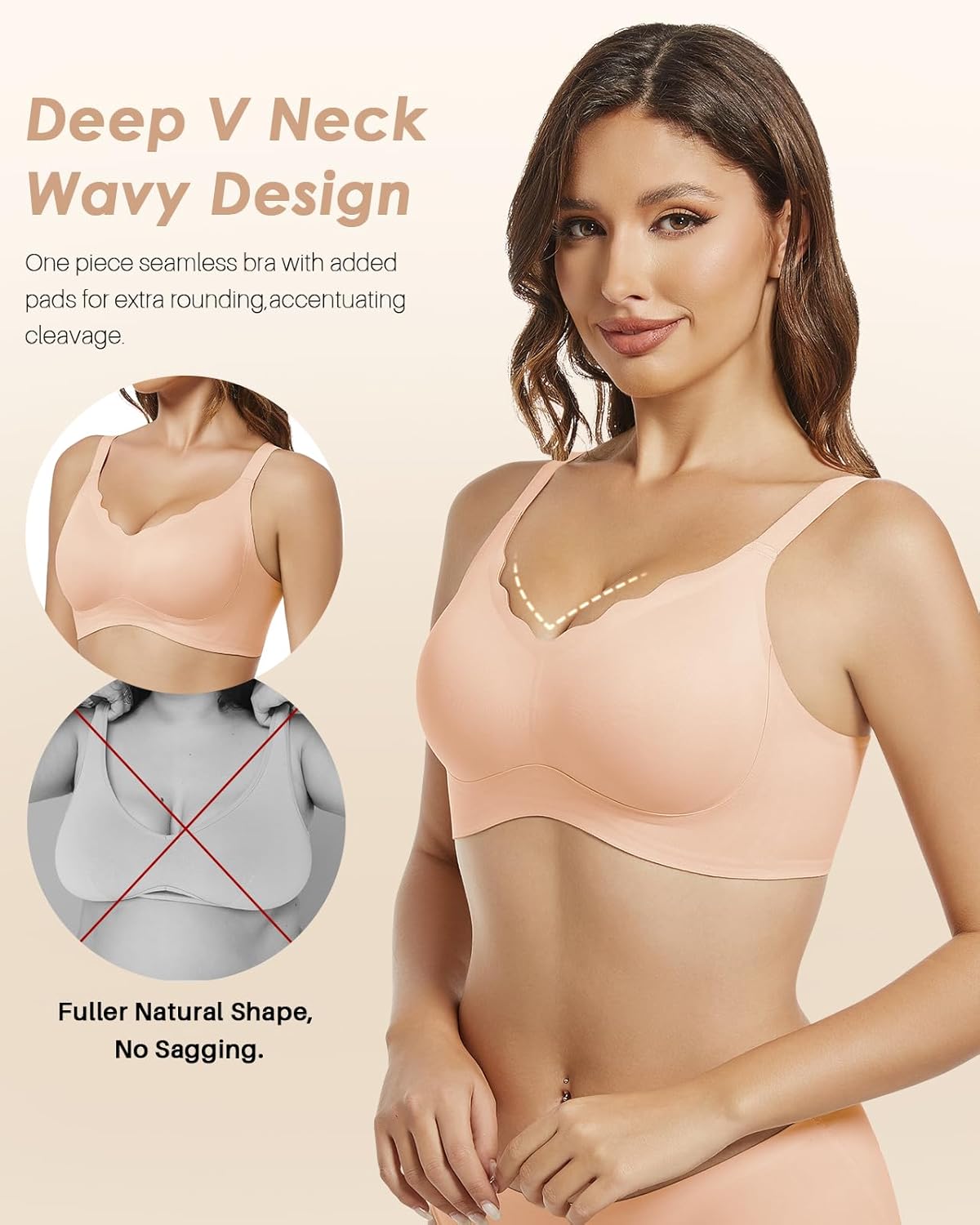 Scalloped Bras No Underwire Padded Push Up Wireless V Neck Seamless Back Smoothing Bra with Support - Image 2