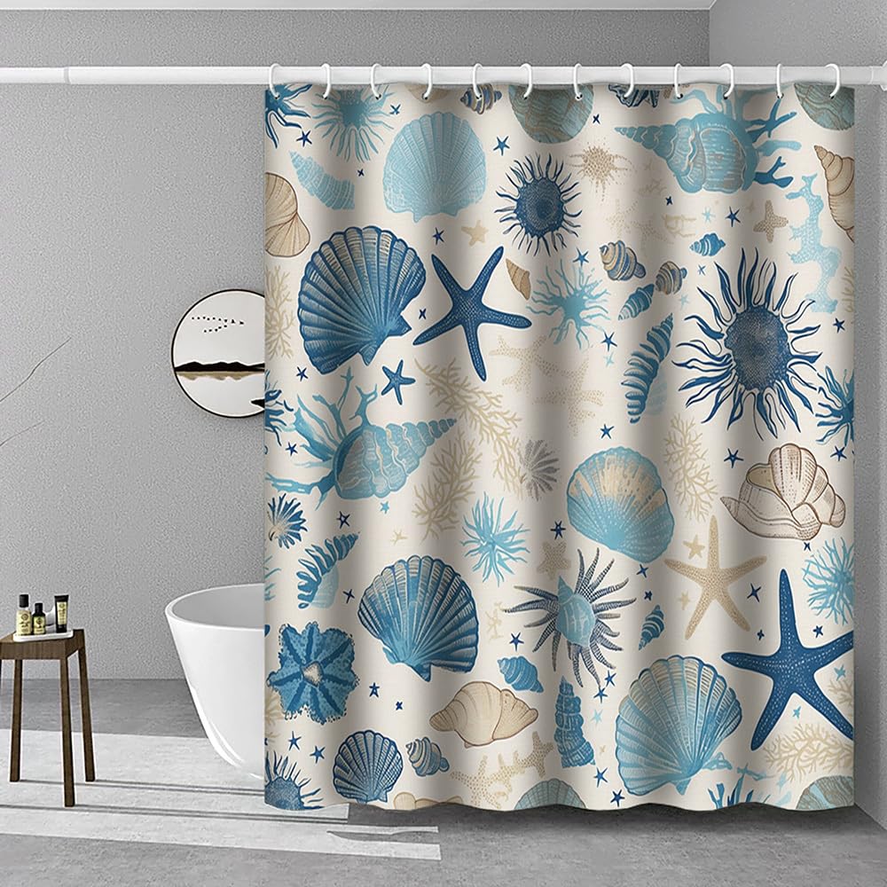 Duschvorhang „Unter dem Meer“ mit Muschel- und Seesternmotiv, Ozean-Print, Polyester, 3D-Digitaldruck, Badezimmervorhang mit Haken (180 x 300 cm / 71 x 118 Zoll (B x H))