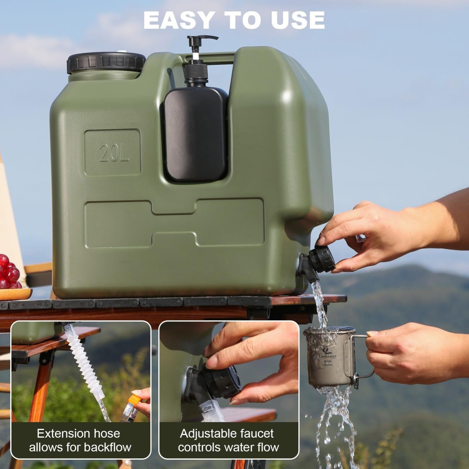 Récipient à eau portable, conteneurs de liquide de camping, 20 l avec robinet à robinet, grande capacité de survie, équipement d'hydratation de voyage avec bouteille de savon, utilisation quotidienne