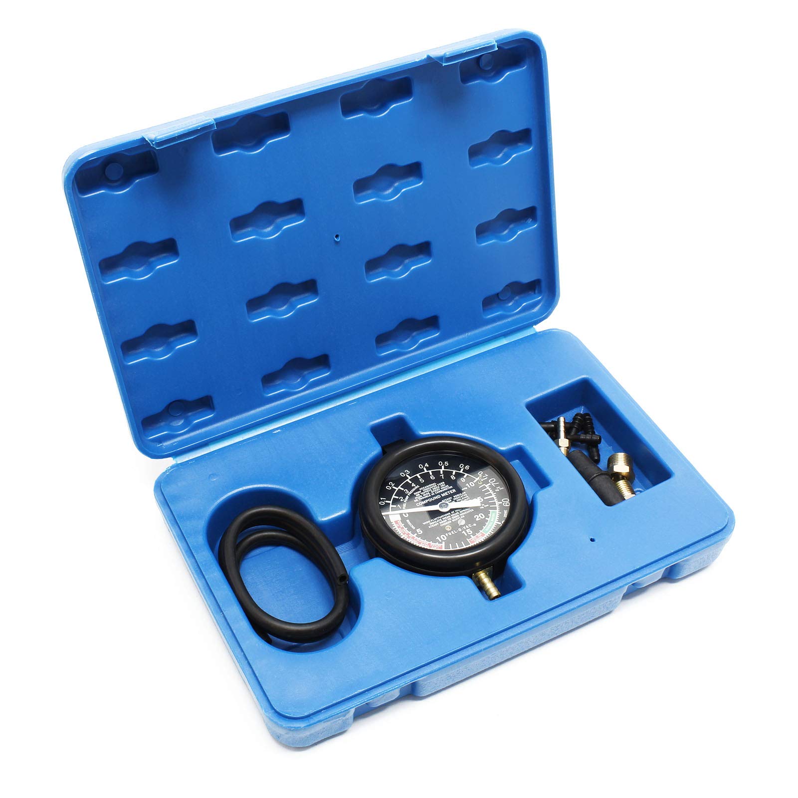 Wiltec Vakuumtester bis 10 PSI 28"HG, Benzinpumpentester, Unterdruck Tester Benzinpumpe mit Schlauch, Manometer und Koffer