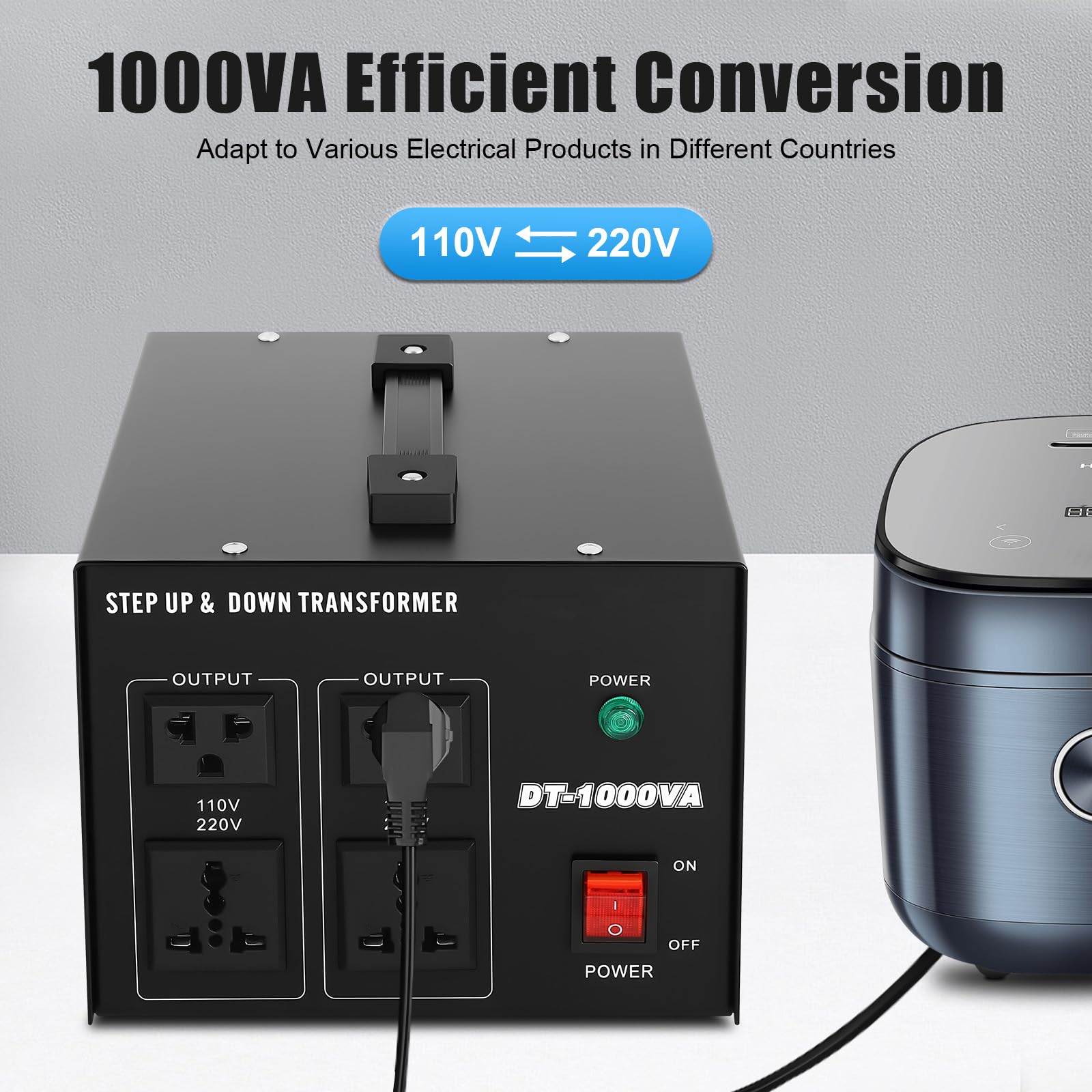 Trasformatore di tensione da 220 V a 110 V, 800 W, 1 KVA, protezione da sovraccarico, convertitore, 4 connettori di conversione, adatto per elettrodomestici