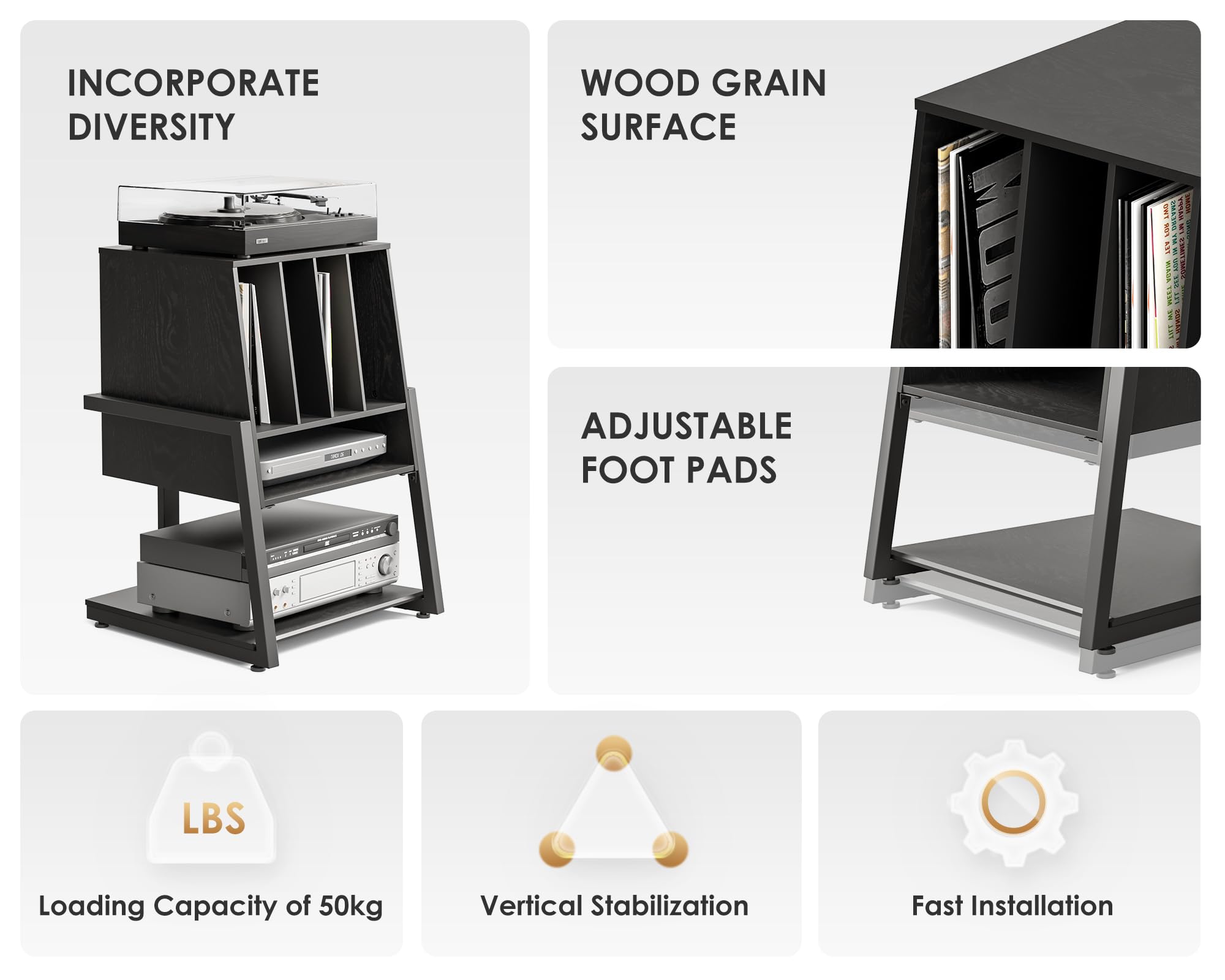 FITUEYES Mueble Tocadiscos, Mueble HiFi de Madera y Metal, Almacenamiento para 120 Discos, para Sistemas Compactos, para Salones y Salas de Música