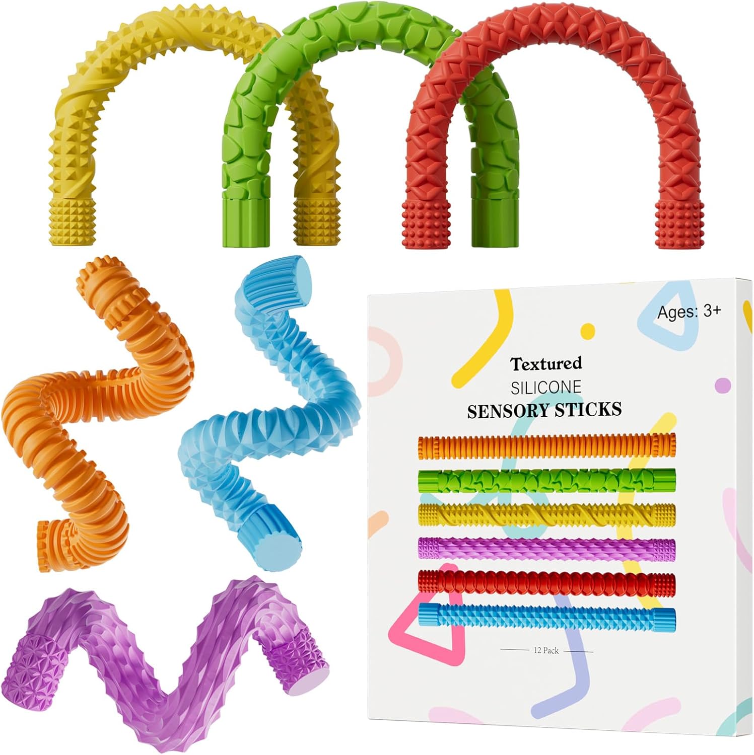 Fidget Sensory Sticks for Kids,12PCS Textured Fidget Toys for Stress Anxiety Autistic ADHD,Calm Down Travel Airplane Essentials Toys,Stuffers Gifts for Teens Boys Girls