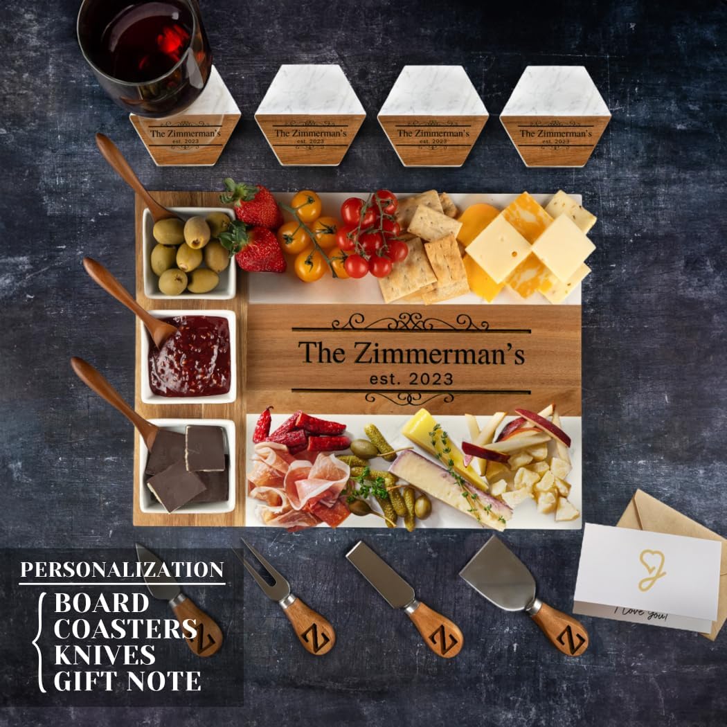 Personalized Charcuterie Board Set, Custom Engraved Marble Cheese Board