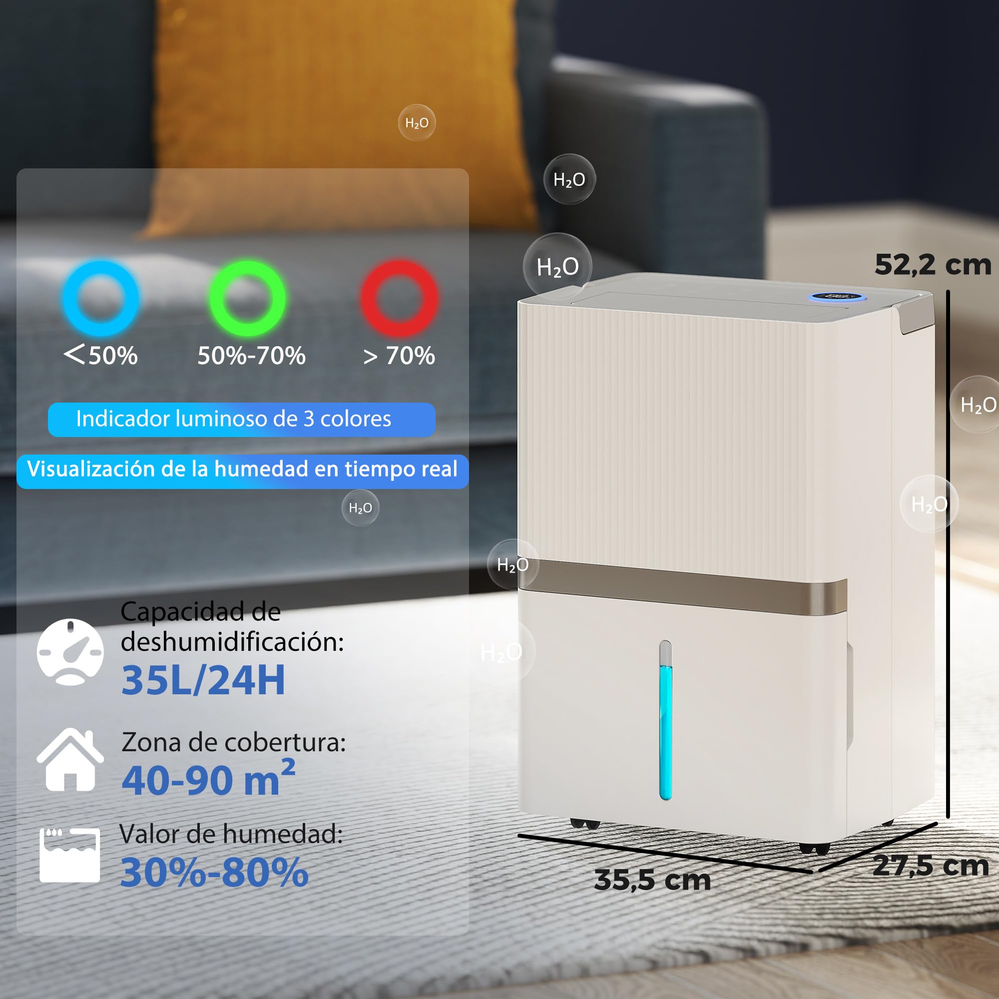 HOMCOM Deshumidificador 35L/Día, Deshumidificador de Humedad, para 40-90 ㎡, Luz Indicador de Humedad, Depósito 5,5 Litros, Drenaje Continuo, Temporizador 24H, Pantalla LED, Secado Ropa, Blanco