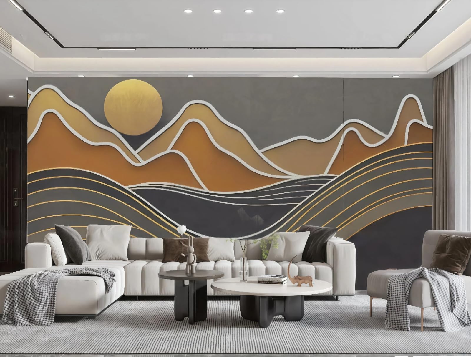 Papier peint montagnes et rivières au style 3D épuré pour un intérieur contemporain