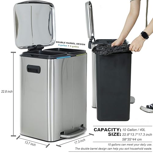 Miniatura 2 de Bote de basura de 10 galones 40L con tapa para papelera de metal de acero inoxidable de oficina 2 zonas de cubo extraíbles papelera de basura