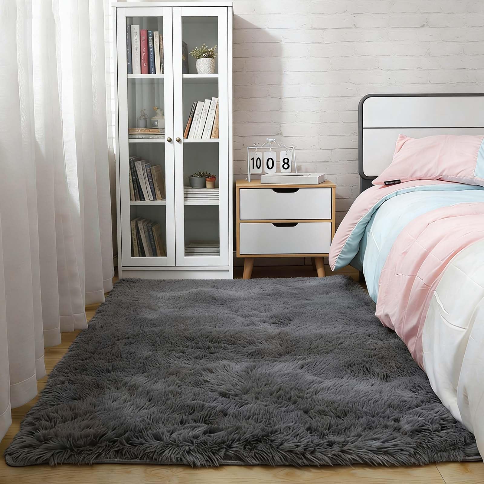 Tapis poil long chambre moderne moquette pour coucher gris