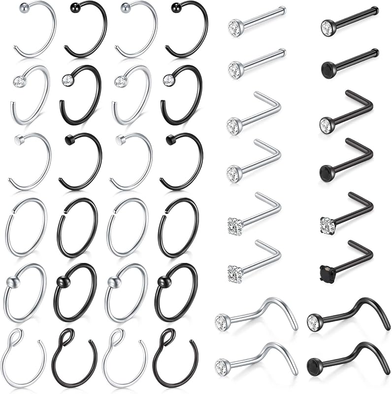 18 Nose Rings Studs Surgical Stainless Steel Hypoallergenic L Shaped Nose Piercing Jewelry for Women Men Silver Black Nostril Hoop Rings 18 Gauge