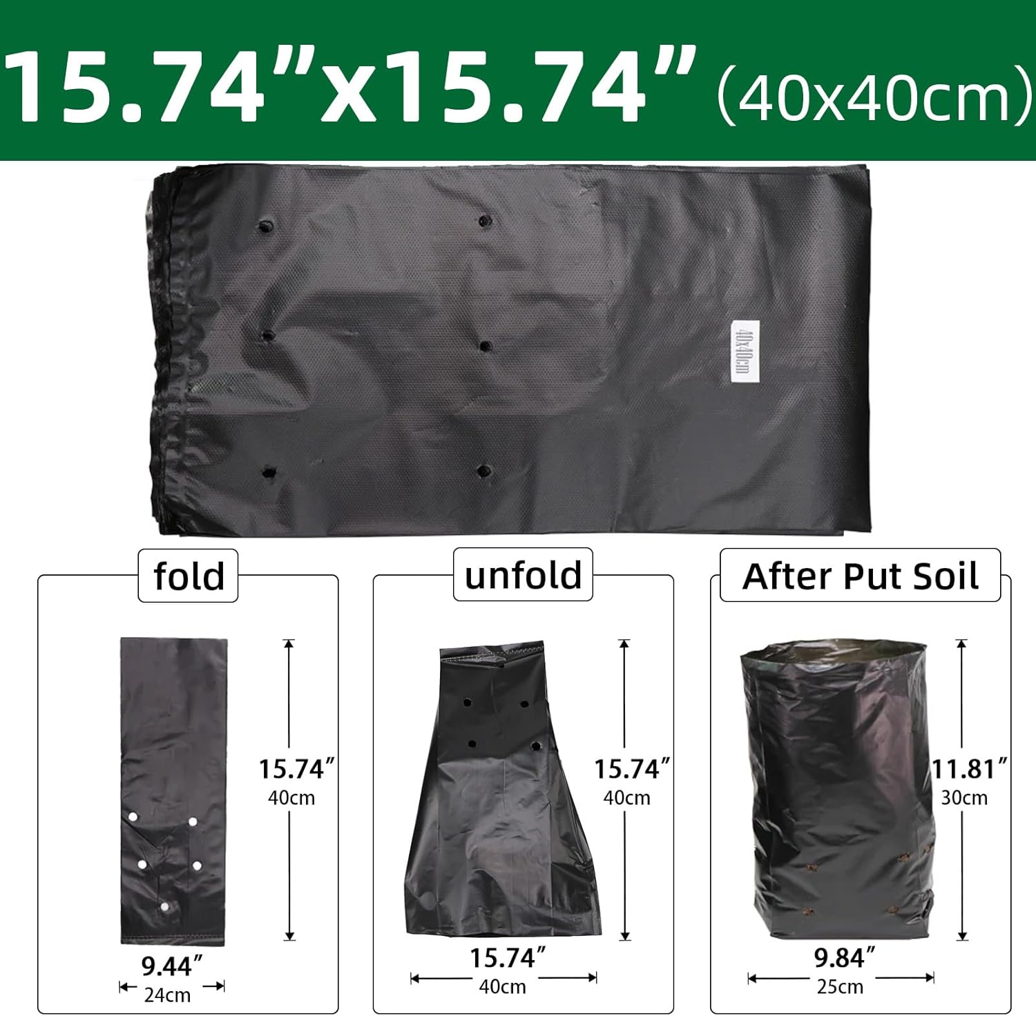 Plastic Nursery Grow Bags Black Breathable Environmental Permeable Seedling Cultivation Transplanting Pots Anti-UV (50pcs,15.74x15.74 (40X40CM))