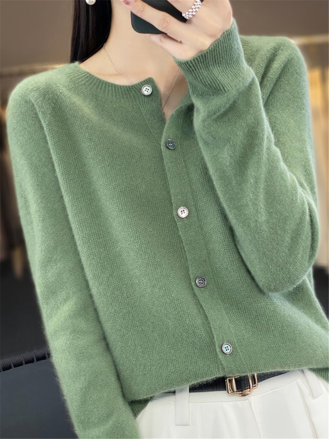 Women's 100% Merino Wool Cashmere Cardigan Long Sleeve O-Neck Knitted Sweater Spring Autumn Loose Fit Warm Jumper