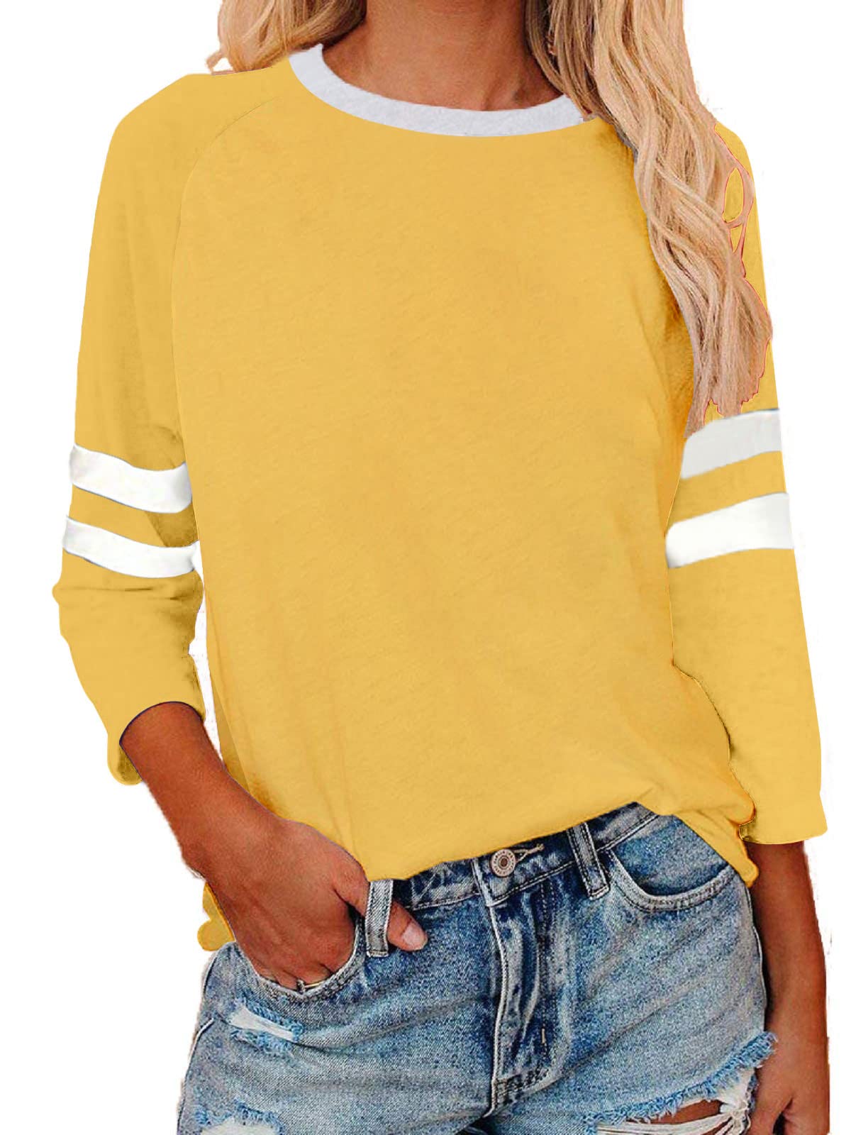 Womens 3/4 Sleeve Fashion Crewneck Tops Patchwork Blouse Casual Loose Comfy Shirt