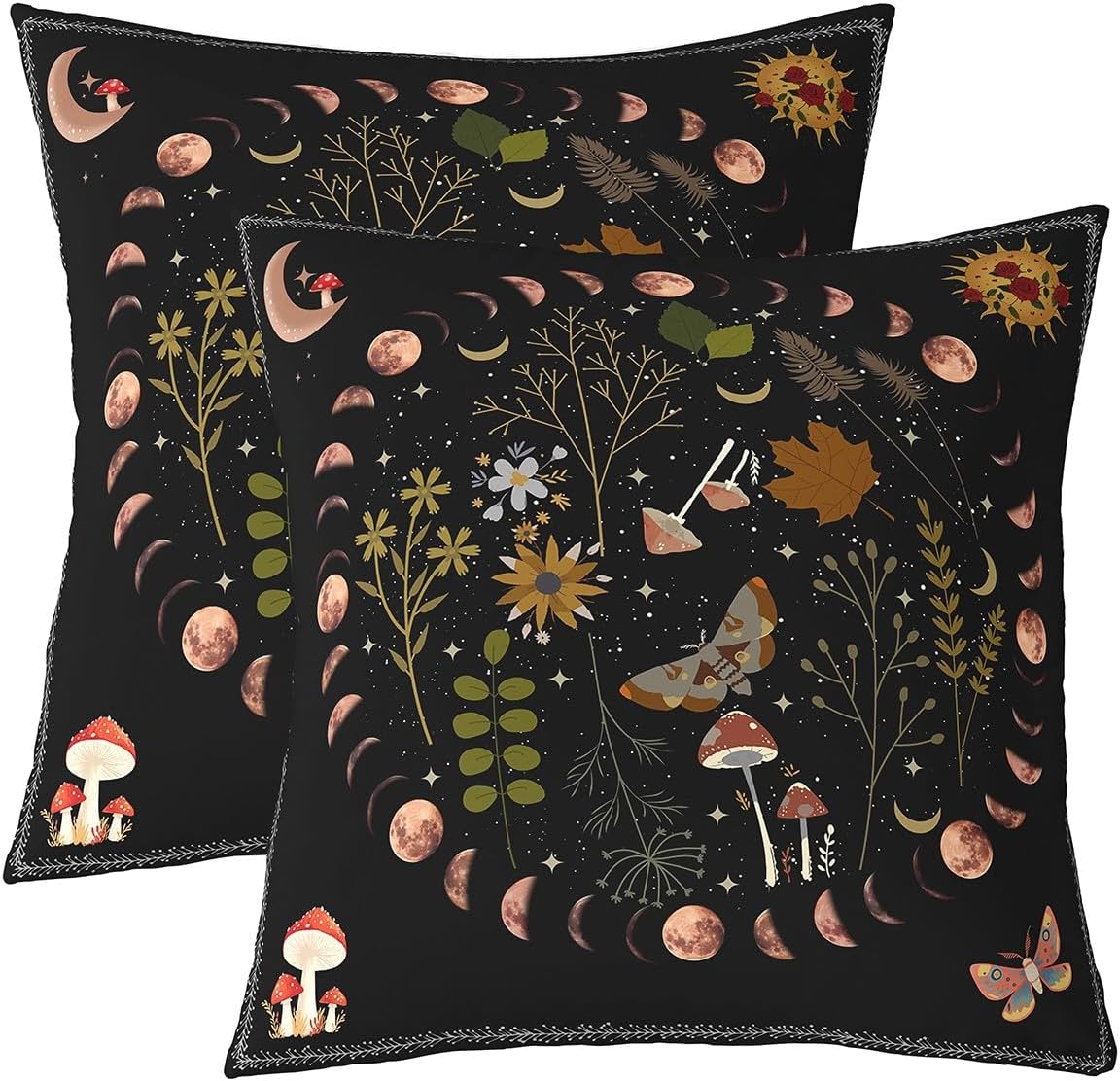 Gothic Nature Pillow Cover 24X24 Inch Butterfly Moth Flower Mushroom Rustic Garden Square Throw Pillow Cover for Teens Adult Bedroom Decor Star Moon Sun Boho Style Decorative Cushion Cover,2 Pack