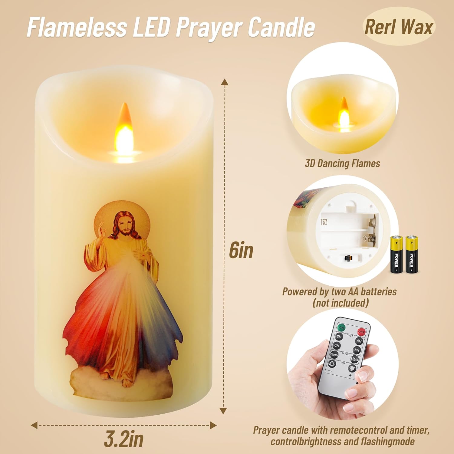 Divine Mercy of Jesus LED Devotional Prayer Candle - Battery Operated Religious Candle with Remote Control & Timer, Real Wax 3D Wick, 6" x 3.2" for Religious Festivals, Home Altar, Church & Devotions - Image 2