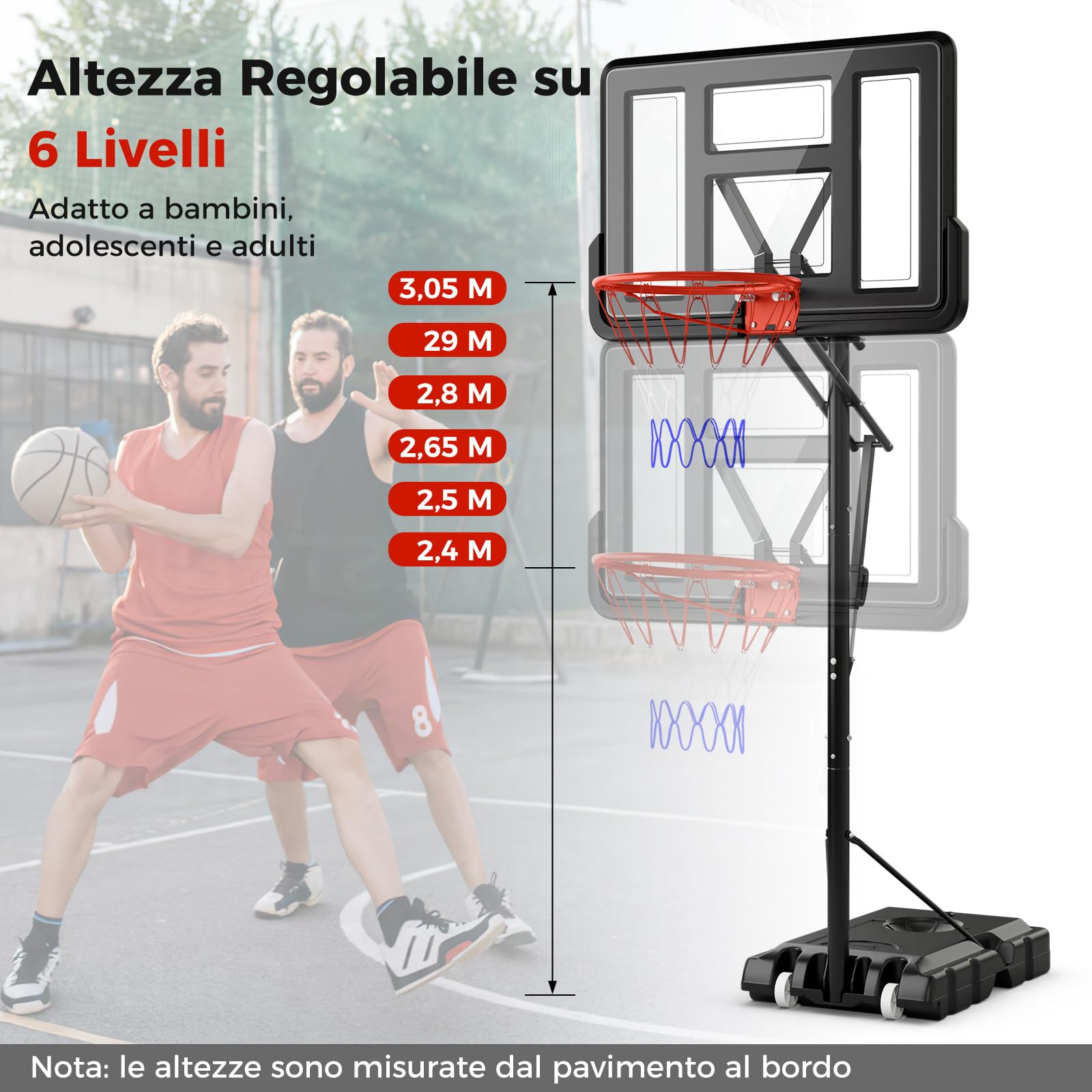 COSTWAY Canestro da Basket da Esterno ed Interno Professionale, Canestro da Basket Regolabile in Altezza 3-3,7 cm e Portatile con Tabellone Infrangibile, Base Robusta e Ruote