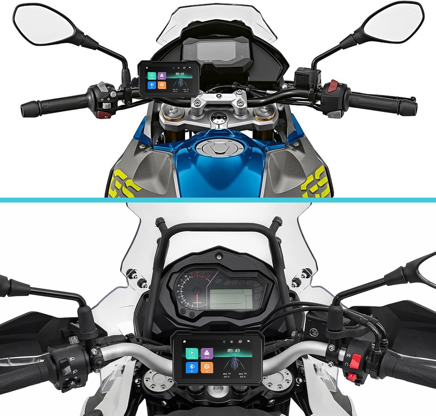 Two images showing the CarPlay screen installed on different motorcycle dashboards, demonstrating its adaptability.