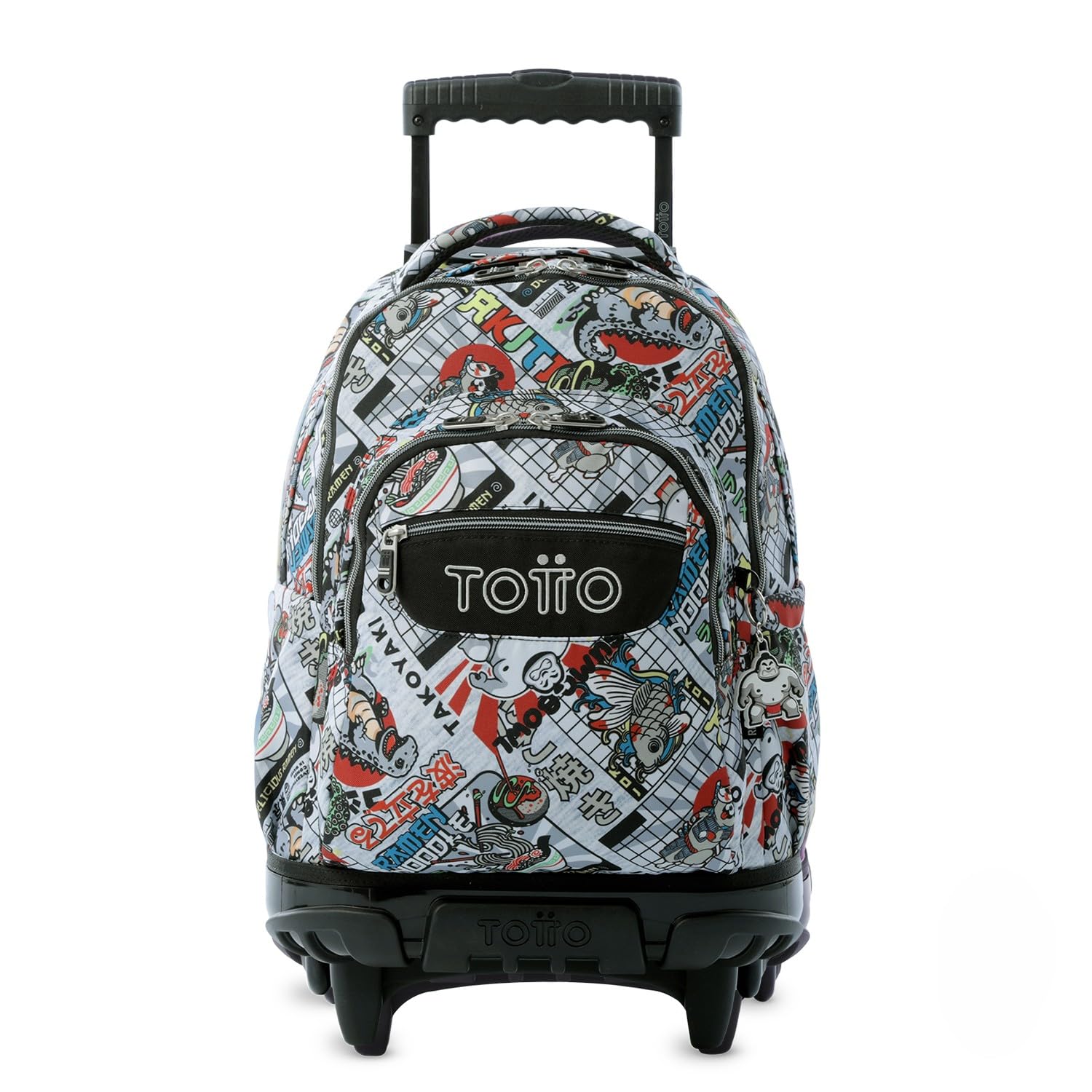 TOTTO - Mochila Escolar con Ruedas, Modelo Renglones, Capacidad 26,21 Litros, Bolsillo para PC 14", Bolsillo Botella, Correas en S para Mayor Comodidad, Resistente, Estampado Ramen Gris