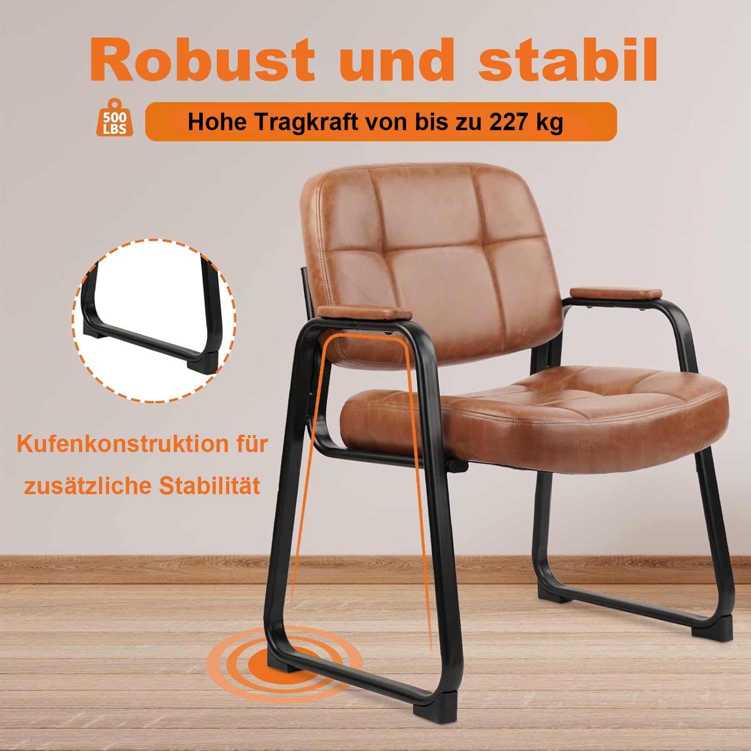 CLATINA Großer Wartezimmersessel Bequemer Gepolsterter Stuhl mit Armlehnen Stabile Kufenfüße ohne Räder Für Büro Empfang Praxis Gästezimmer und Wartebereich Modernes Braun 4er Set