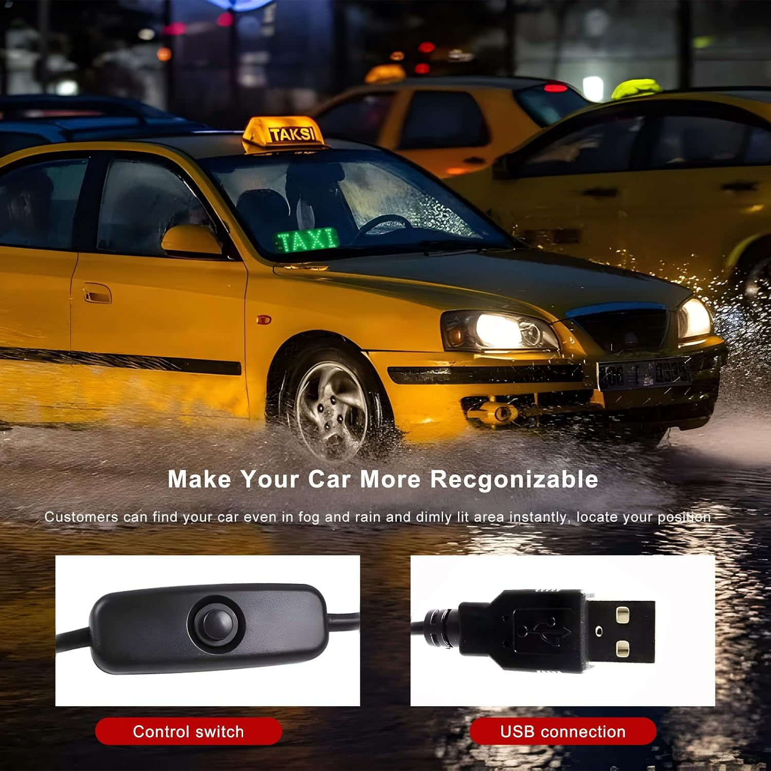 Taxi LED Sign Decor, 5V Bright Taxi LED Signal Light USB Charging Lamp with Suction Cups, Taxi Sign Indicator Light Flashing Hook on Car Window Windshield for Driver (Green)