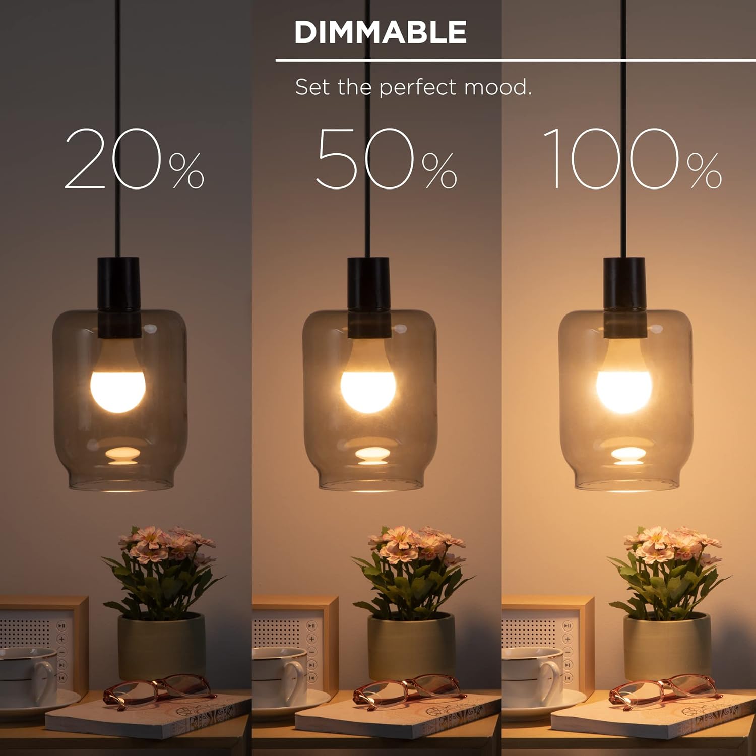 Three images showing a smart bulb dimmed to 20%, 50%, and 100% brightness, demonstrating its dimmable feature.