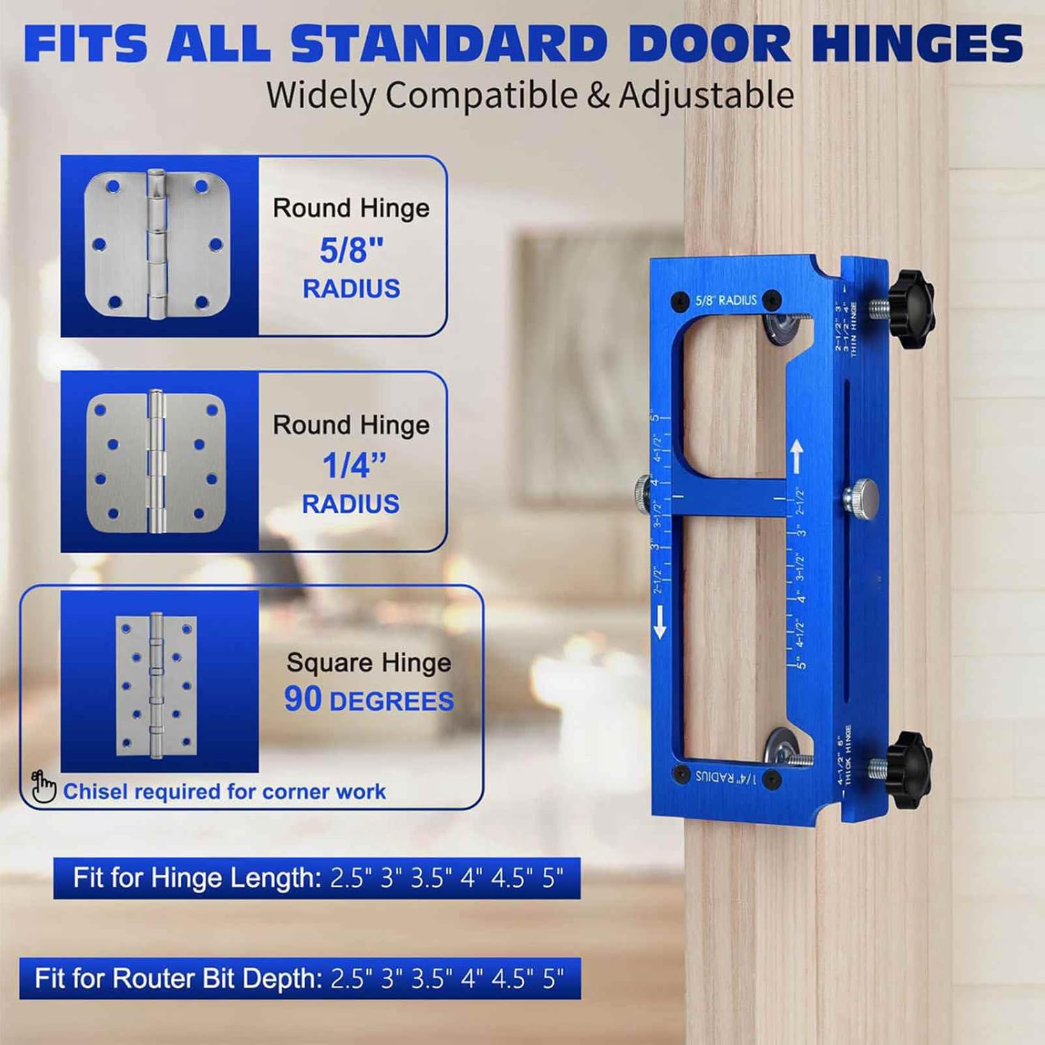 Fafeicy Door Hinge Jig Aluminum Alloy Door Hinge Template Kit for 2.5-5in Hinges, 1/4in 5/8in Radius Square Corner Types