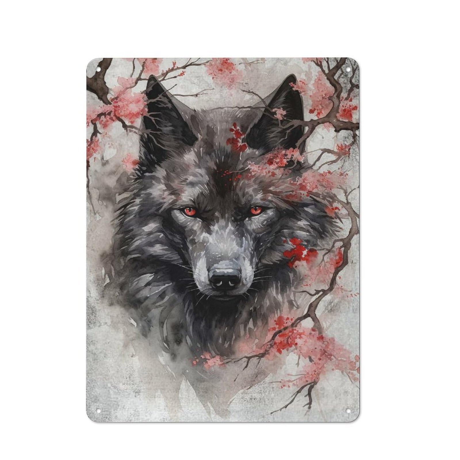 Junmoney Style-6 Wolf Cherry Blossoms Vintage Metal Wall Decor 40X30cm, Cafe Metal Sign For Tea Room, Shop Wall Or Breakfast Area