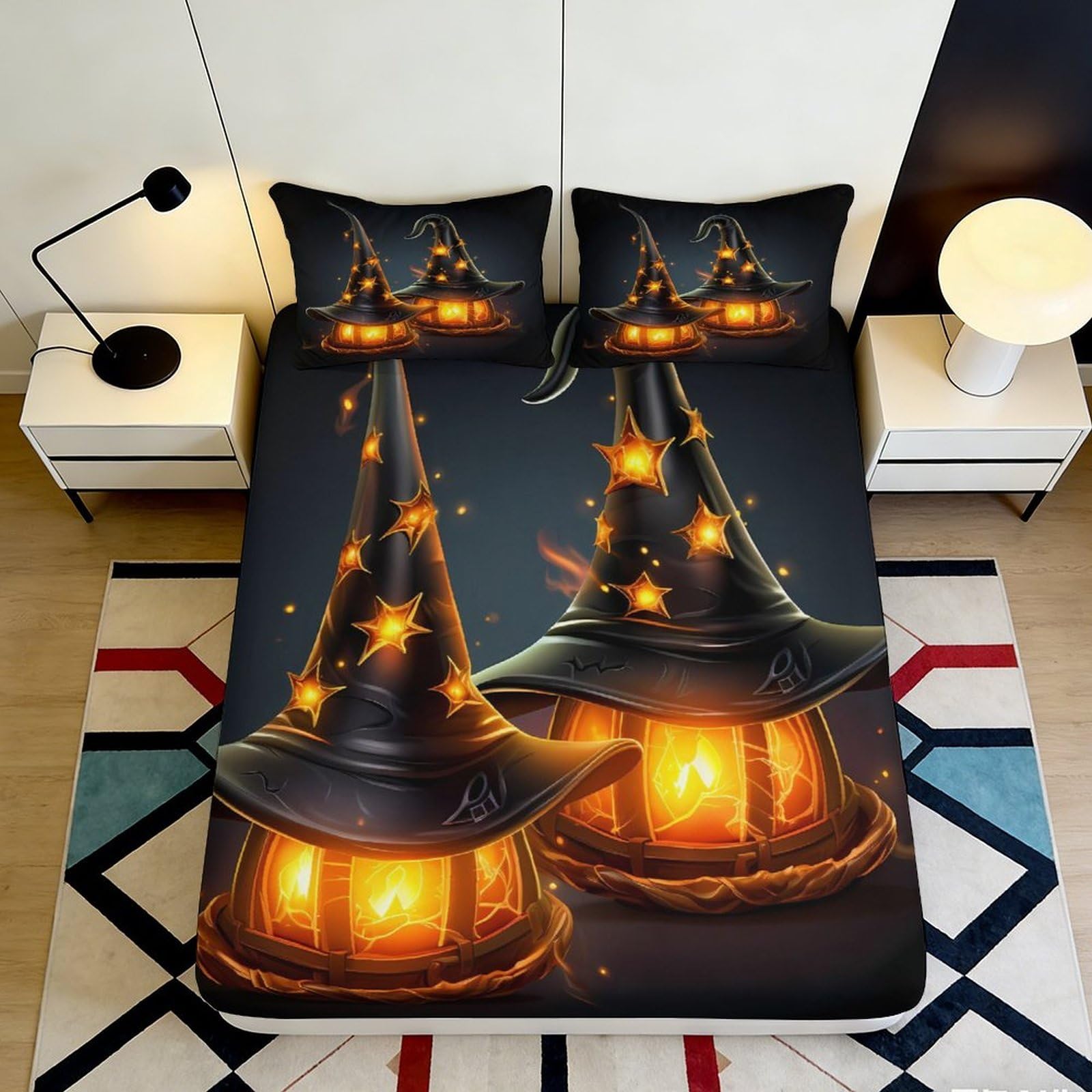 3D Printed Halloween Witch Hat Fitted Sheet Microfiber Soft Breathable Pumpkin Lantern Bed Cover for Bedroom Dormitory Guest Room Mattress Protection 140x200x25cm