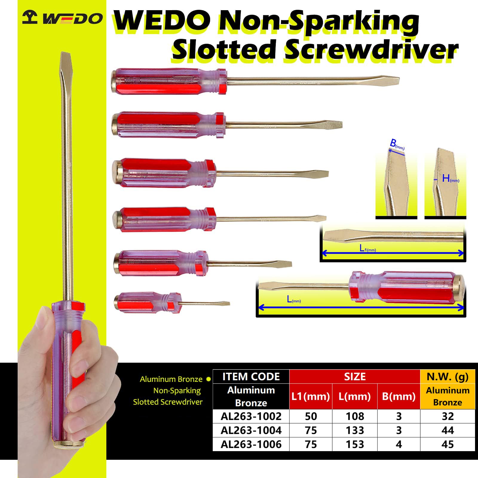 WEDO Juego de 3 destornilladores, juego de destornilladores ranurados sin chispas, cabeza plana, bronce de aluminio, ligeramente magnético, punta de 3, 3, 4 mm, mango ergonómico, forjado, certificado