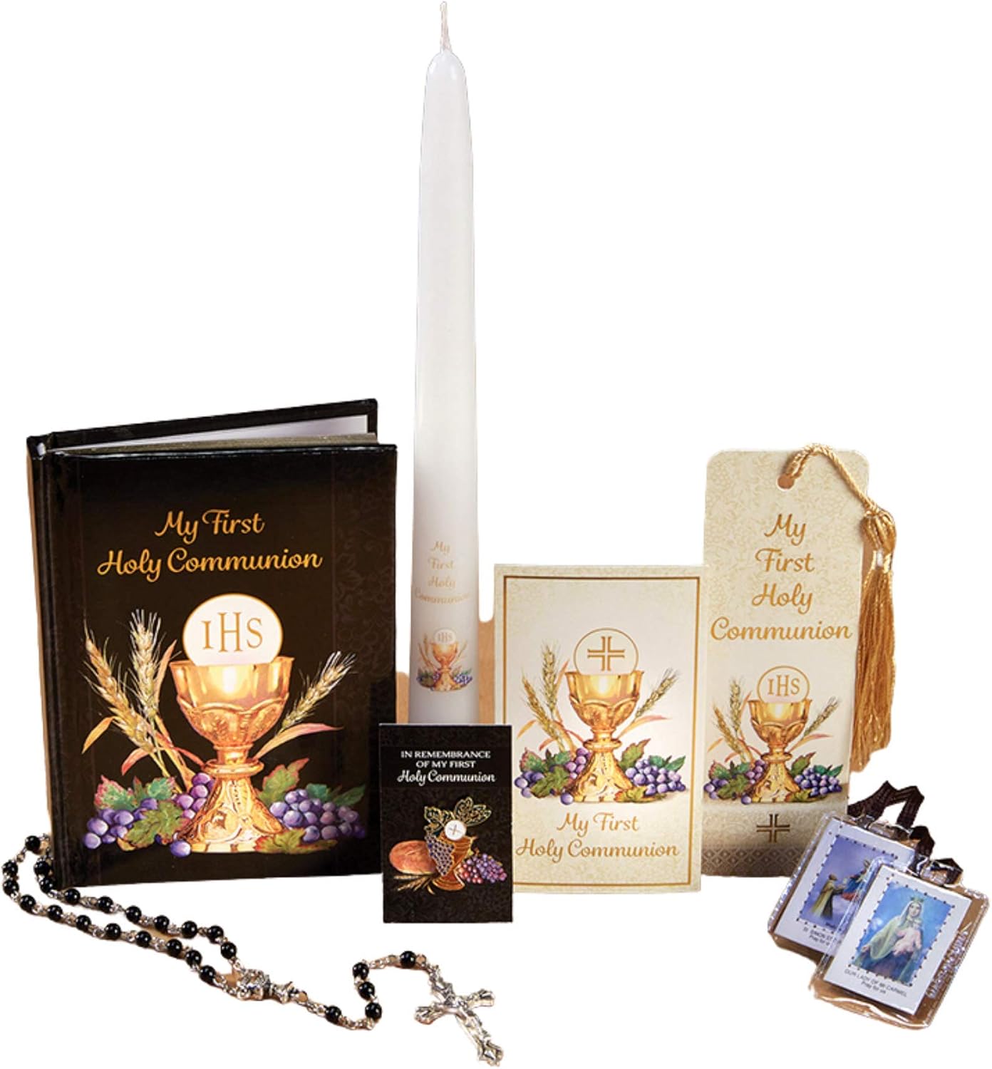 Bread of Life Deluxe Boxed Gift Set for Boys, Scapular, Rosary, Lapel Pin, Bookmark, Candle and Book, 7 Pieces Black