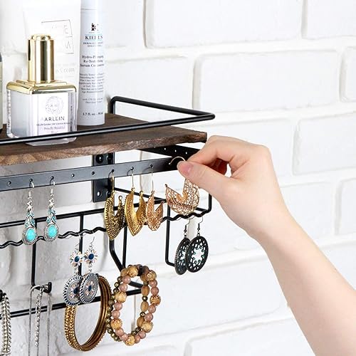 Miniatura 4 de JackCubeDesign MK237C - Organizador colgante de joyería con 9 ganchos, collar y aretes, pulsera, soporte para lentes de sol con estante de madera