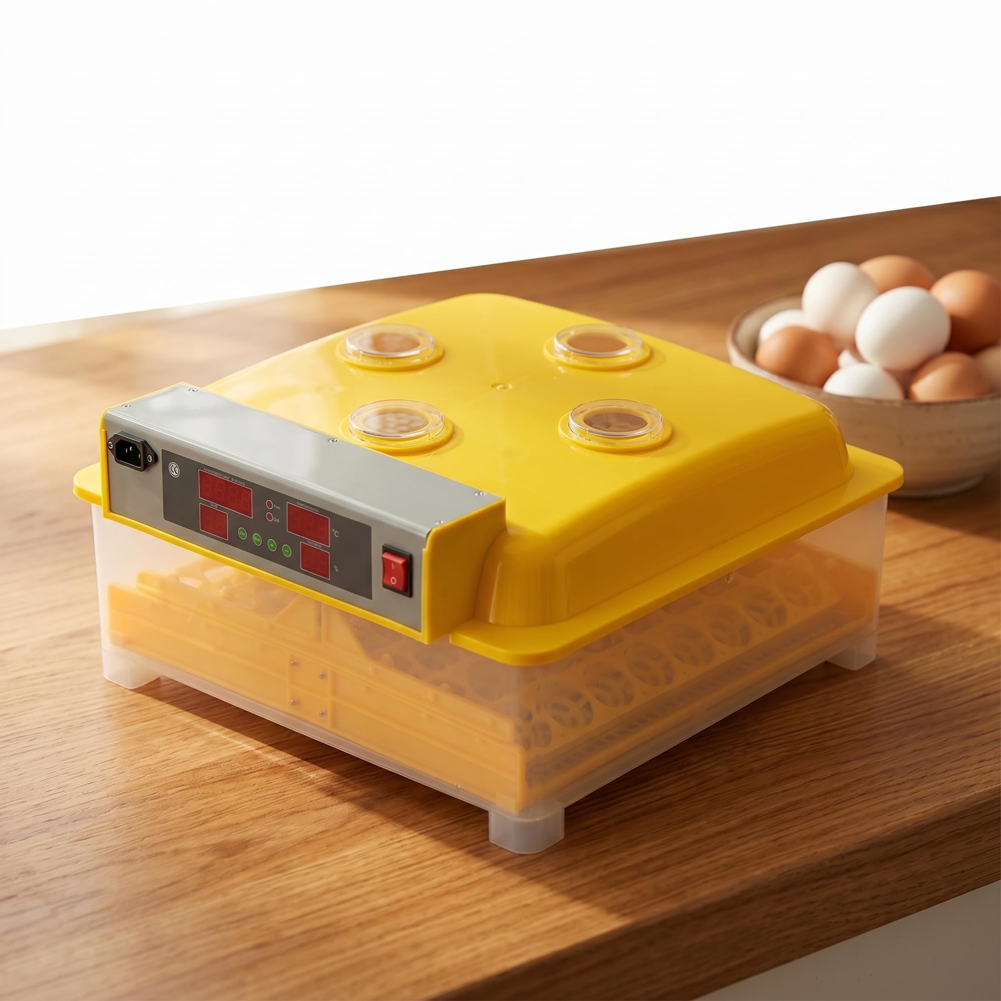 Mucola Brutautomat Brutmaschine vollautomatisch 48 Eier Inkubator Gelb | Automatische Wendung und Temperaturregelung, Anzeige für Luftfeuchtigkeit und Brutzeit, inkl. Schierlampe, für Hühner, Enten