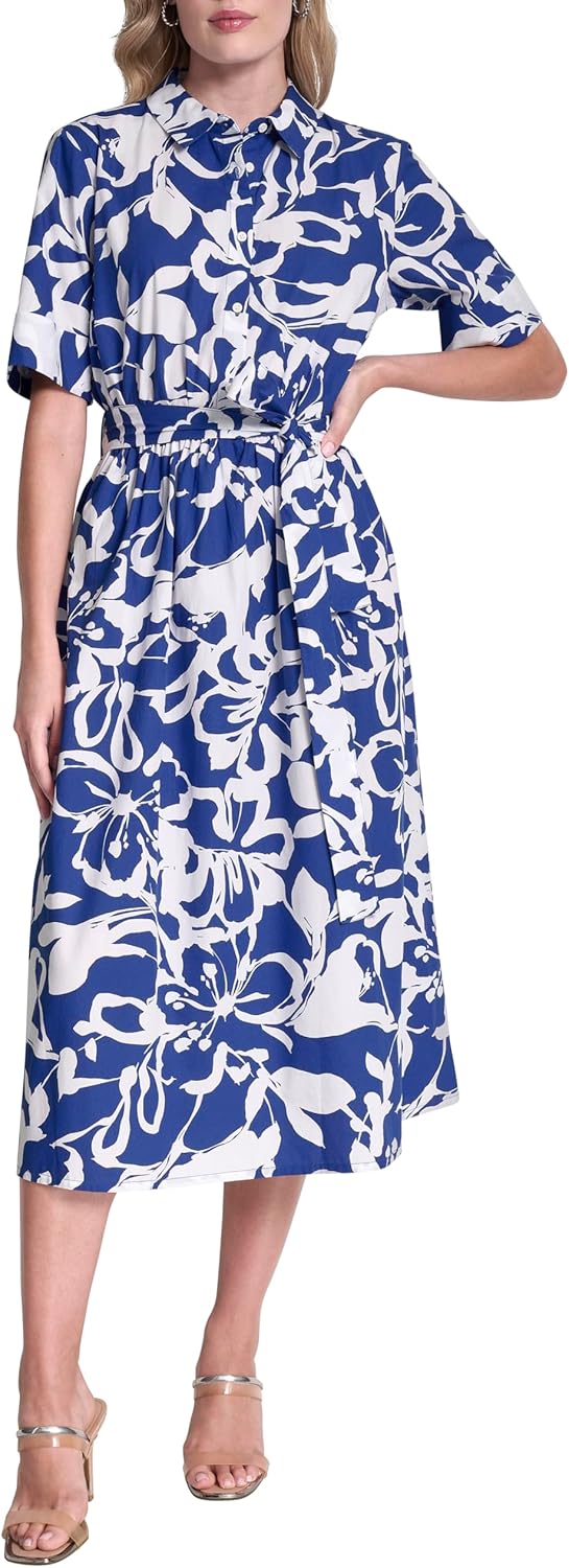 DKNY Women's Short Sleeve Cotton Poplin Collared Midi Shirtdress